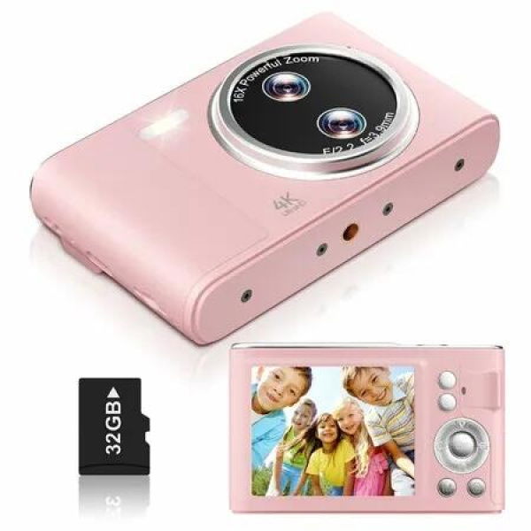 Digital Camera UHD 4K Cameras for Photography with 48MP 16x Zoom,Point and Shoot Digital Cameras with 32GB Card(Pink)