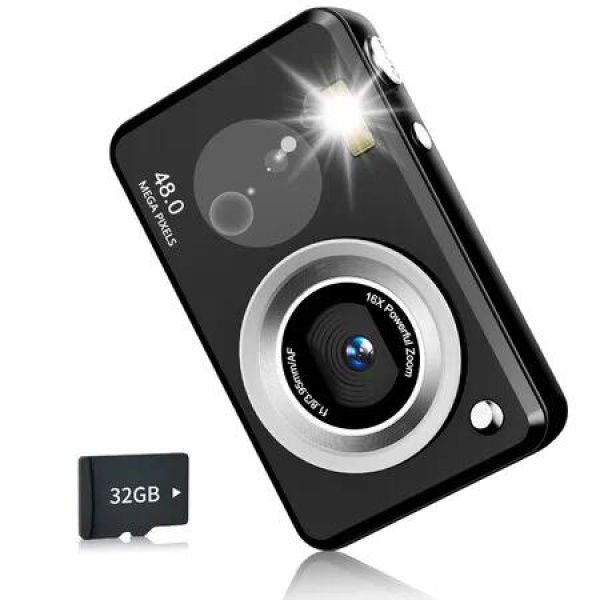Digital Camera with 32GB Card, 16X Zoom Anti Shake, 48MP Compact Portable Small Point Shoot Camera, Gift for Beginners Teens (Black)