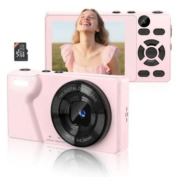 Digital Camera with Front Rear Lens,Autofocus 64MP 4K Camera with 32GB Card,Portable Compact Point and Shoot Camera with Metal Shell,2000mAh Battery
