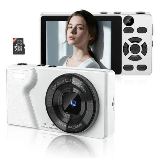 Digital Camera with Front Rear Lens,Autofocus 64MP 4K Camera with 32GB Card,Portable Compact Point and Shoot Camera with Metal Shell,2000mAh Battery