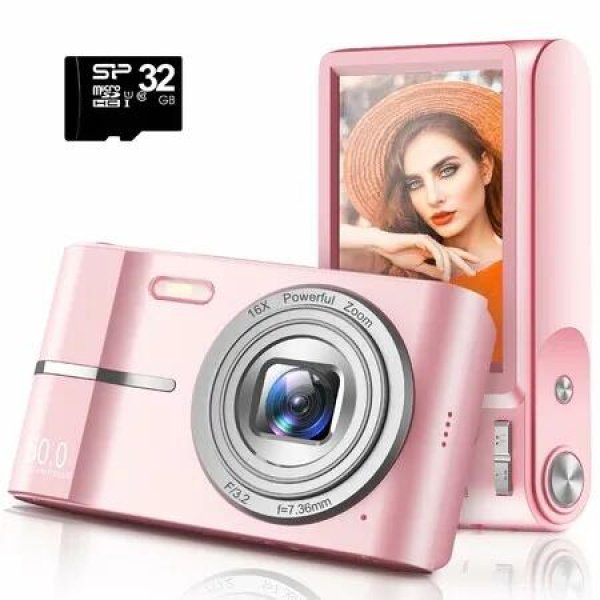 Digital Camera,50MP Full High Definition 1080P Camera with 16x Zoom Anti Shake,Compact Camera with 2000s Vibe,Kids Camera with 32GB SD Card,Pink