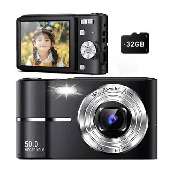 Digital Camera,50MP Point and Shoot Camera with 16X Zoom Anti Shake,Compact Portable Camera for Girls Boys Kids with 32GB Card,Black