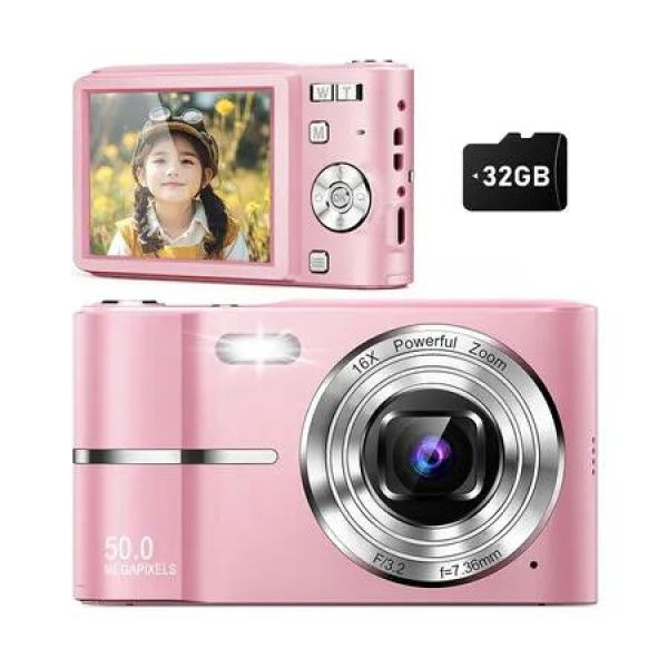 Digital Camera,50MP Point and Shoot Camera with 16X Zoom Anti Shake,Compact Portable Camera for Girls Boys Kids with 32GB Card,Pink