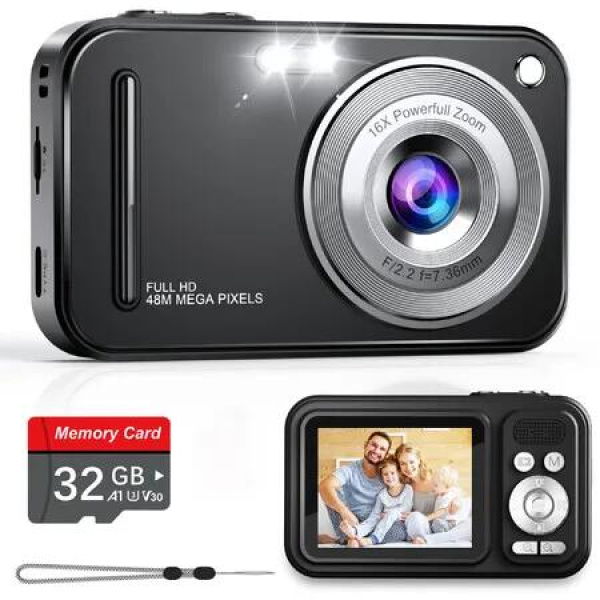 Digital Camera,Autofocus 48MP FHD 1080P Camera for Kids with 16X Zoom Anti Shake,Compact Portable Small Point and Shoot Digital Cameras with 32GB Memory Card,Black