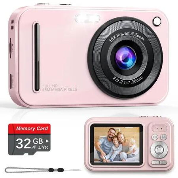 Digital Camera,Autofocus 48MP FHD 1080P Camera for Kids with 16X Zoom Anti Shake,Compact Portable Small Point and Shoot Digital Cameras with 32GB Memory Card,Pink