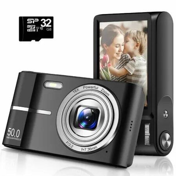 Digital Camera,Autofocus 50MP FHD 1080P Camera with 16x Zoom Anti Shake,Compact Camera for Kid Student Children Teen Girl Boy,Kids Camera with 32GB SD Card,2 Batteries,Black