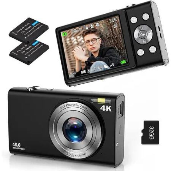 Digital Camera,Autofocus UHD 4K Vlogging Camera with 32GB Card,48MP 16X Digital Zoom Digital Camera,Anti-Shake Portable Compact Point Shoot Camera (Black)