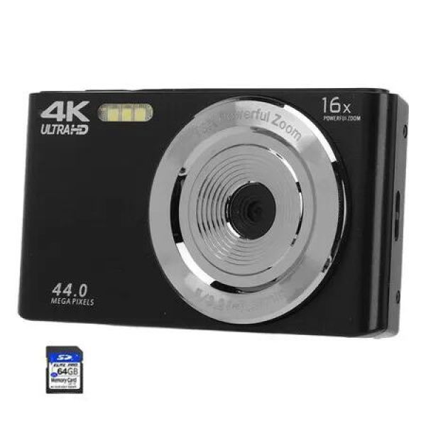 Digital Camera,Digital Camera 4K 44MP, Compact Point and Shoot Digital Cameras, 64 GB SD Card, Vintage Digital Camera for Kids Boys Girls, Black