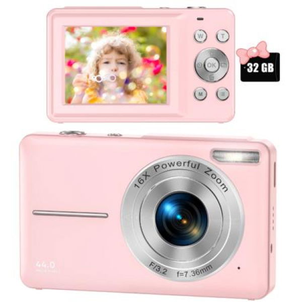 Digital Camera FHD 1080P Digital Camera For Kids Video Camera With 16X Digital Zoom Compact Point And Shoot Camera Portable Small Camera For Teens Students Boys Girls Seniors (Pink)