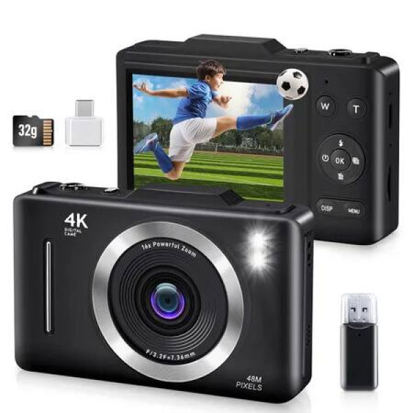 Digital Camera,FHD 1080P Kids Camera Digital with 16x Zoom Anti Shake,32GB Card,4K 48MP Portable Compact Point and Shoot Cameras,Vintage Small Camera,Black