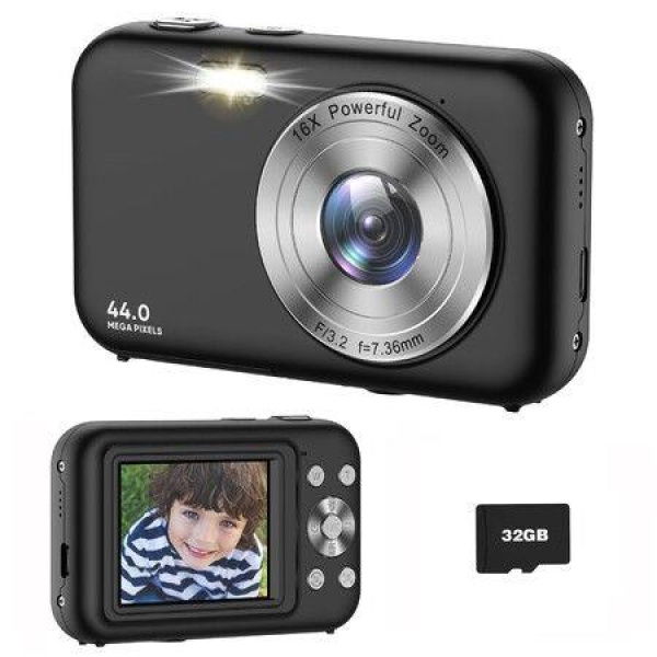 Digital Camera,FHD 1080P Kids Camera with 32GB Card Battery,Anti-Shake 16X Digital Zoom,44MP Point Shoot Camera,Compact Portable Small Gift Camera (Black)