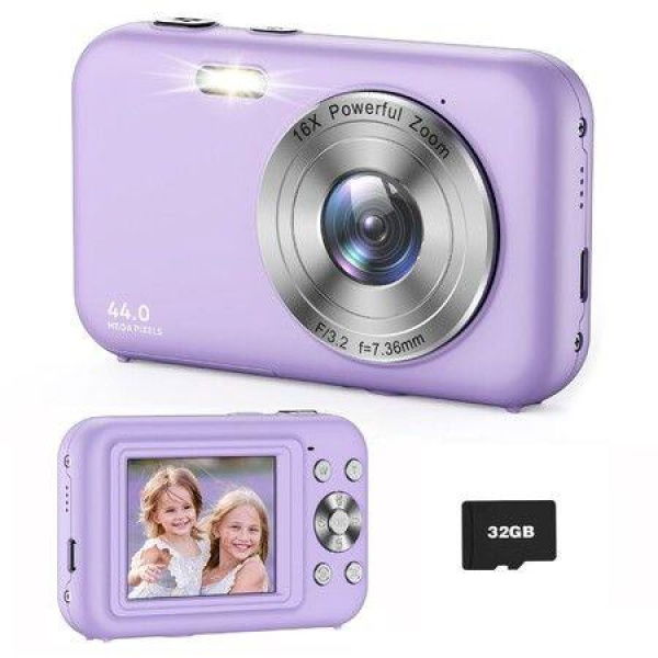 Digital Camera,FHD 1080P Kids Camera with 32GB Card,Anti-Shake 16X Digital Zoom,44MP Point Shoot Camera,Compact Portable Small Gift Camera (Purple)