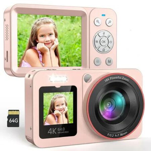 Digital Camera,FHD 4K 64 MP Camera with Dual Screen 64GB SD Card Point and Shoot Camera 18X Zoom,Anti Shake Portable Rechargeable Camera,Pink