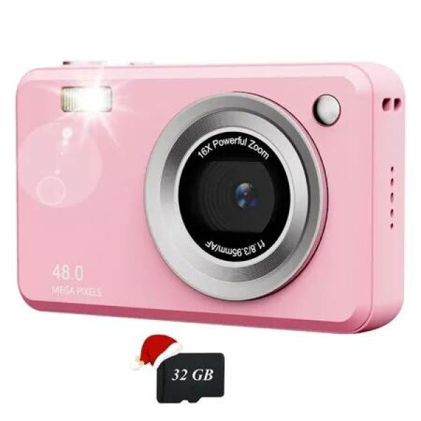 Digital Camera,FHD Camera with 32GB Card,Lanyard,16X Zoom Anti Shake,48MP Compact Portable Small Point Shoot Camera Gift (Pink)