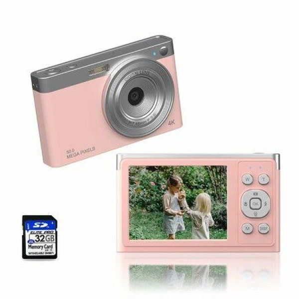 Digital Camera Ordine 4K Kids Camera With 32GB SD Card Autofocus 50MP Compact Video Camera 16X Digital Zoom Vlogging Camera For Kids Students Teens (Pink)