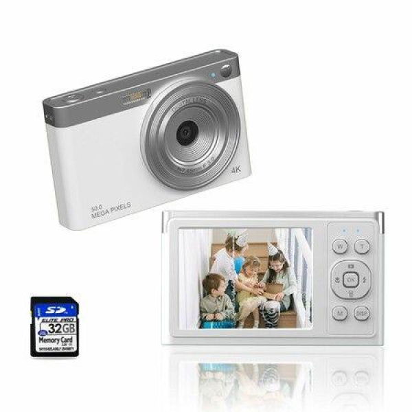 Digital Camera Ordine 4K Kids Camera With 32GB SD Card Autofocus 50MP Compact Video Camera 16X Digital Zoom Vlogging Camera For Kids Students Teens (White)