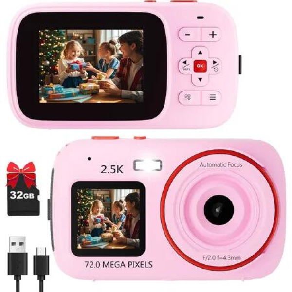 Digital Camera,Point and Shoot Camera with Dual Screen Autofocus 16X Zoom,FHD 1080P 72MP Vlogging Camera,Compact Camera with 32GB Card (Pink)