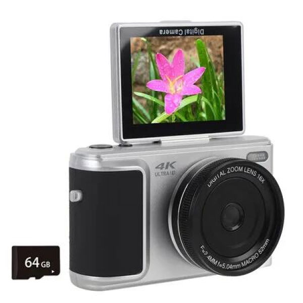 Digital Cameras for Photography With 64G Card, 4K Vlogging Camera Anti Shake, 64MP Digital Camera for Selfie Photo Video, Silver