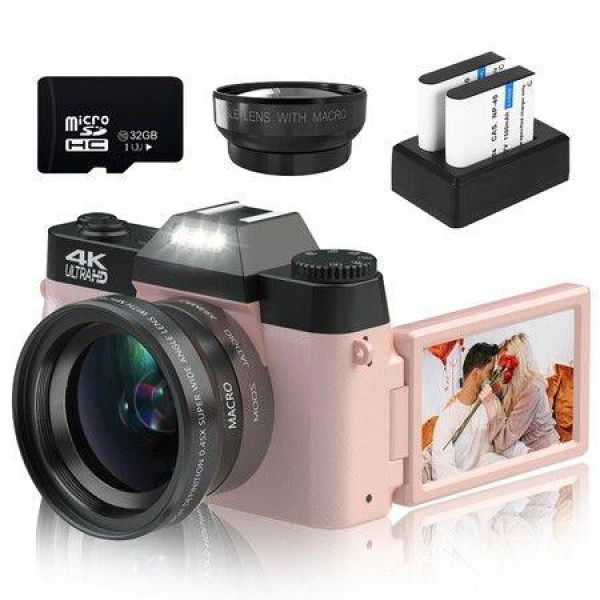 Digital Cameras,4K 48MP Vlogging Camera 16X Digital Zoom Manual Focus with 52mm Wide-Angle Lens & Macro Lens,32G Micro Card and 2 Batteries (Pink)