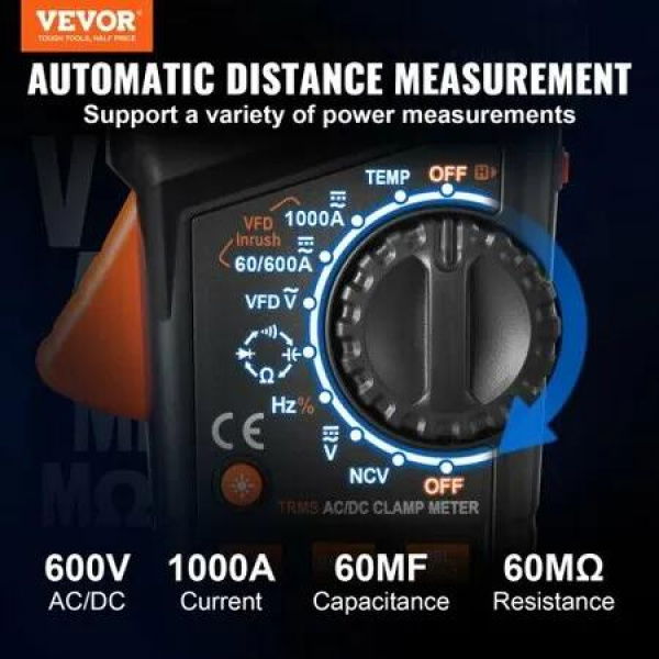 Digital Clamp Meter T-RMS 6000 Counts 1000A Clamp Multimeter Tester Measures Current Voltage Resistance Diodes Continuity Data Retention NCV