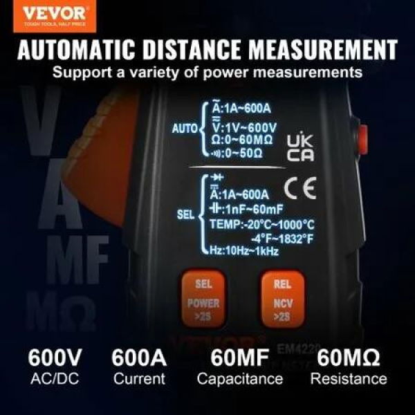 Digital Clamp Meter T-RMS 6000 Counts 600A Clamp Multimeter Tester Measures Current Voltage Resistance Diodes Continuity Data Retention NCV