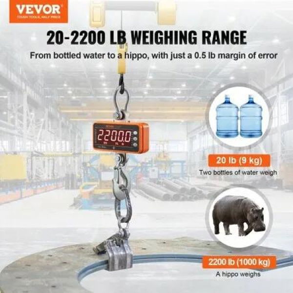 Digital Crane Scale 2200 lbs/1000 kg Industrial Heavy Duty Hanging Scale with Remote Control Cast Aluminum Case & LED Screen High Precision