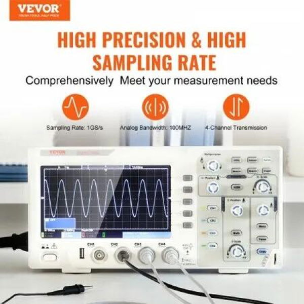 Digital Oscilloscope 1GS/S Sampling Rate 100MHZ Bandwidth Portable Oscilloscope with 4 Channels Color Screen 30 Automatic Measurement Functions for Electronic Circuit Testing DIY