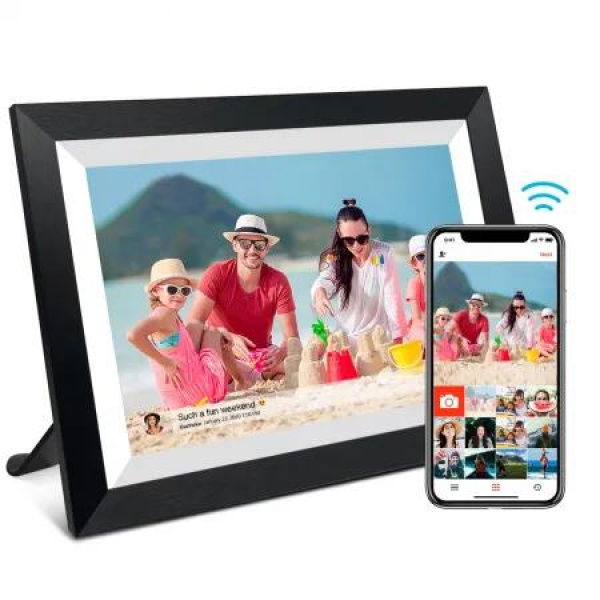Digital Photo Frame Smart WiFi 10.1 Inch Touch Screen 1280x800 IPS LCD Auto Rotate 32GB Memory Portrait Landscape Black Wooden Home Display