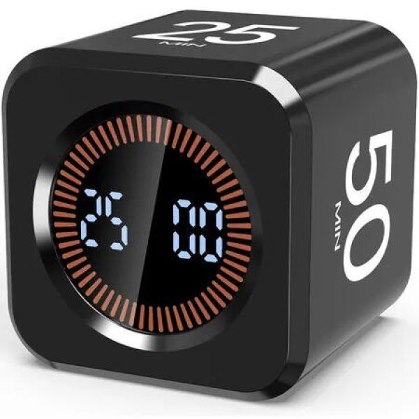Digital Pomodoro Timer Cube 5/10/25/50min,Visual Productivity Flip Timer,Silent and Sound Mode (Black)