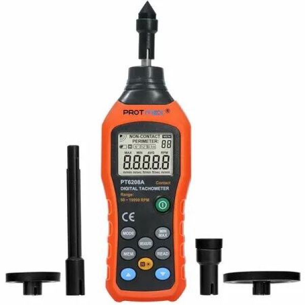 Digital Tachometer, 50 to 19999 RPM Contact Tachometer, 100 Groups Data Store Handheld Speed Meter, Max/Min/AVG RPM Rotation Speed Gauge, PT6208A