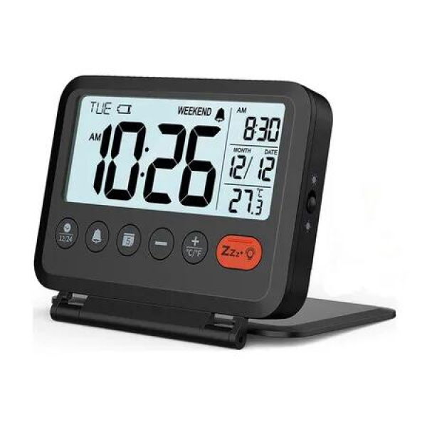 Digital Travel Alarm Clock, Black, 3.54 inch LCD Display, 9 Minute Snooze, 2 Volume Levels, Backlight, 2 x AAA Batteries is Not Included