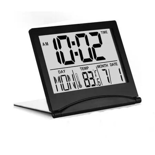 Digital Travel Alarm Clock, Foldable Calendar and Temperature and Timer LCD Clock with Snooze Mode, Large Number Display, Battery Operated, Compact Desk Clock for All Ages (Black)