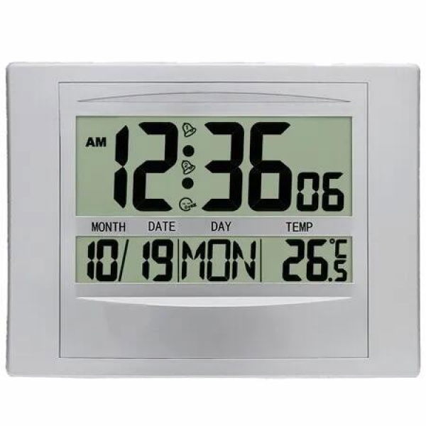 Digital Wall Clock Atomic Alarm Large Display Battery Operated Bedroom Office Temperature Timepiece Modern Decor Silver