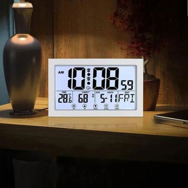 Digital Wall Clock Extra Large Display Calendar Alarm Date Week Temperature 2 Clocks Seniors Elderly White Easy Read Timekeeping Aid