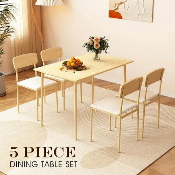 Dining Table Set 4 Chairs 5 Piece Kitchen Living Sitting Room Upholstered Seats Modern Furniture Home Office Work Desk Oak