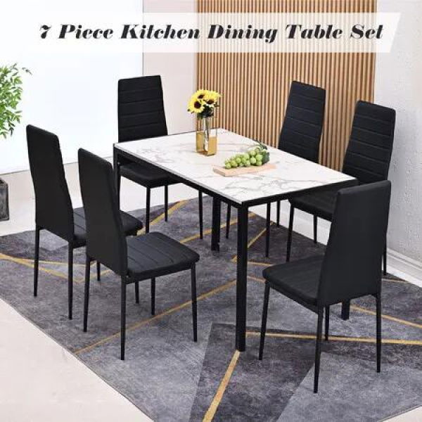 Dining Table Set 6 Chairs Large Glossy Dinner Kitchen Desk Seats White Modern Office Bedroom Work Reception Furniture Faux Marble Top