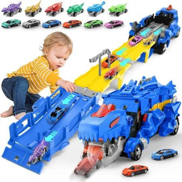 Dino Car Toy with 12 Alloy Cars Foldable Track & Launch Button for Two-Player Racing, Ideal Xmas Birthday Gift for Boys Girls (Blue)