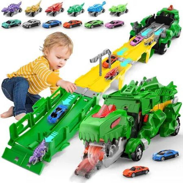 Dino Car Toy with 12 Alloy Cars Foldable Track & Launch Button for Two-Player Racing, Ideal Xmas Birthday Gift for Boys Girls (Green)