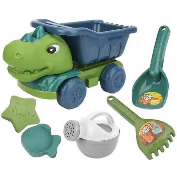 Dinos Beach Toys Sandbox Set Outdoor Beach Sand Digging Toys Dump Truck with Shovel Rake Watering Can and Sand Molds 6pcs