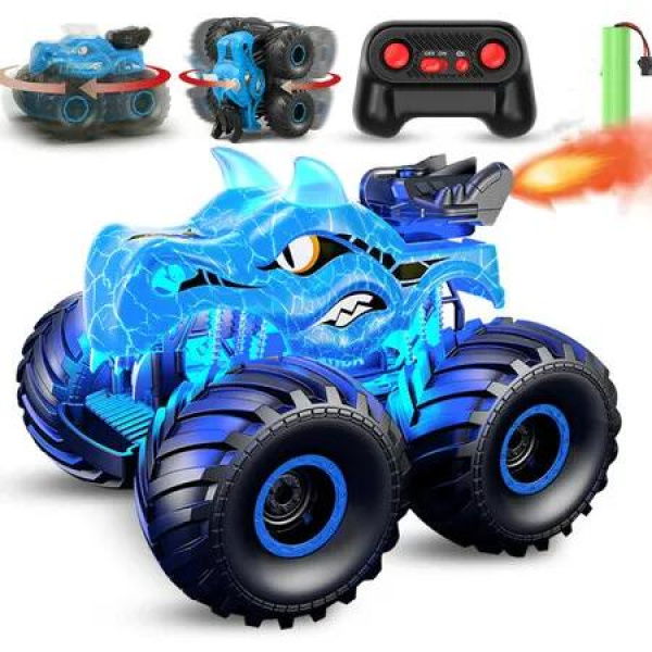 Dinosaur Car Toy Remote Control 360 Degree Rotating Spray Light Sound 2.4GHz All Terrain Monster Truck Vehicle Offroad Kids 6+ Blue