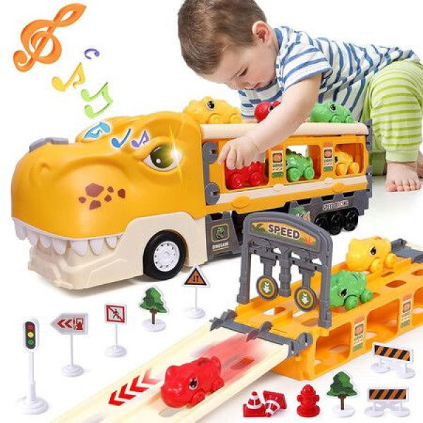 Dinosaur Carrier Truck For Toddlers Ejection Race Track Set With Light And Sound Tyrannosaurus Dinosaur Toys For Boys And Girls Birthday Gifts