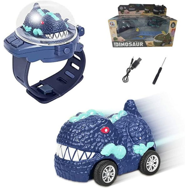 Dinosaur Mini Watch Remote Control Car Toy 2.4 GHz Wrist Hobby With USB Charging Toys Gift (Blue)