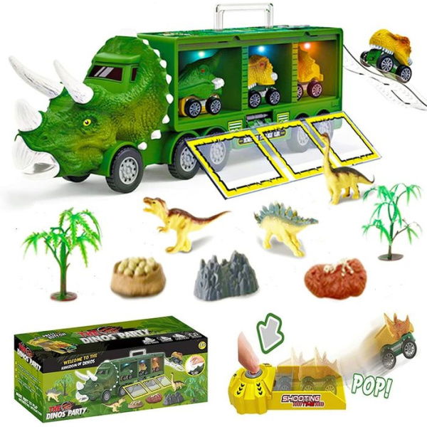 Dinosaur Toys For 1-6 Year Old Boys Kids Toys Pull Back Dinosaur Transport Truck With Sound And Music & Light Toy Cars.