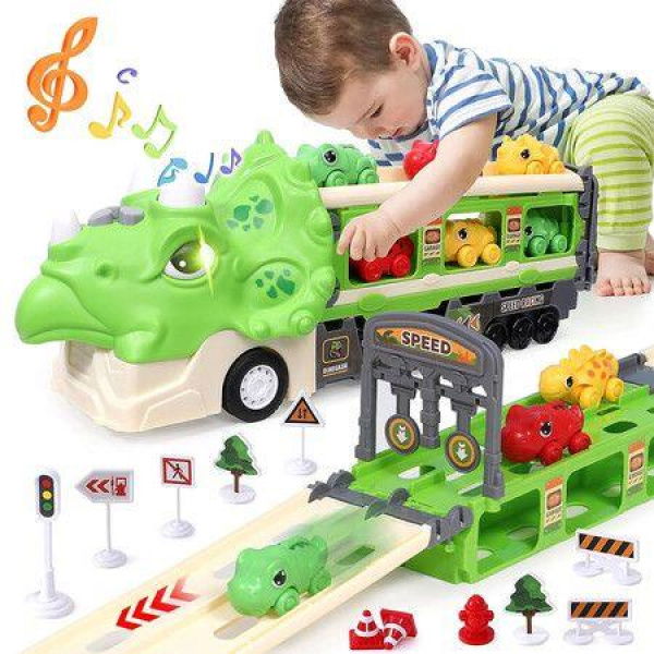 Dinosaur Transporter Truck for Toddler Car Toys, Ejection Race Track Set with Light and Sound, Triceratops Dinosaur Toys for Boys and Girls, Birthday Gifts