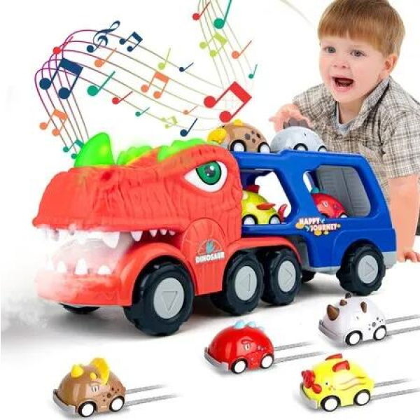 Dinosaur Truck Toys 9in1 Pull Back Construction Vehicle Cars 8Pcs Smoke Sound Light Birthday Gift Boys Kids