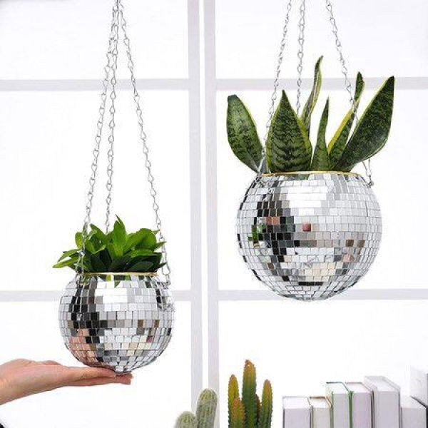 Disco Ball Plant Hanger Mirrorball Disco Planter With Chain And Macrame Hanger Hanging Planters For Indoor Plants 15cm Silver