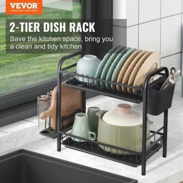 Dish Drying Rack 2 Tier Large Capacity Dish Drainers Rustproof Carbon Steel Dish Drainer with Drainboard Storage Space Saver Cup and Utensil Holder