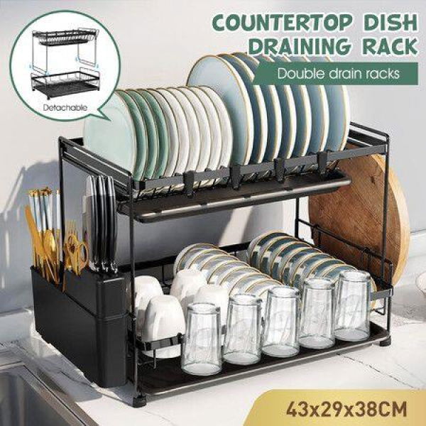 Dish Drying Rack Drainer Kitchen Organiser Plate Cutlery Holder Storage 2 Tier Utensil Shelf With Drip Trays