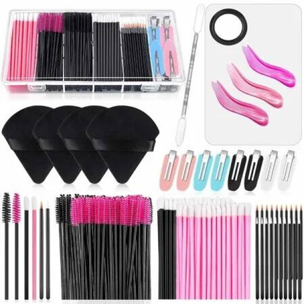Disposable Makeup Applicator Kit Triangle Puff Mixing Palette Mascara Wands Lip Brushes Hair Clips Storage Box