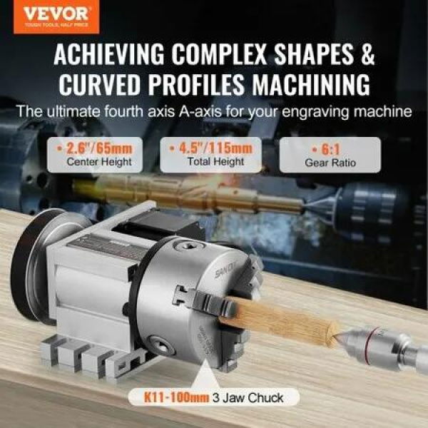 Dividing Head K11-100mm 3-Jaw Chuck CNC Router Milling Machine Rotational Axis 4th Axis A Axis Indexing Head 65 mm Center Height MT2 Tailstock 6:1 Gear Ratio Universal for Engraving